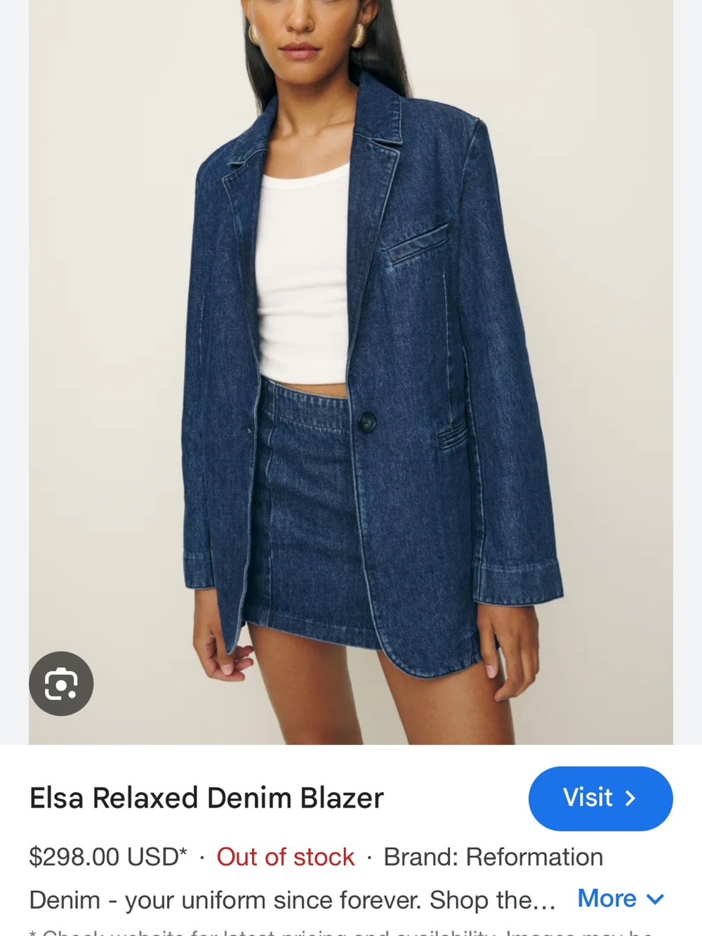 Reformation Dark Blue Denim Blazer